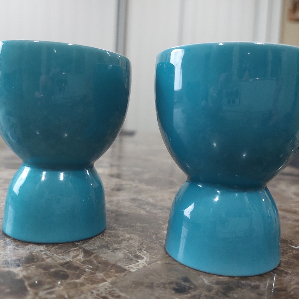 Shenango China, Double Egg Cup, Teal and White, New Castle Pa, 1950
